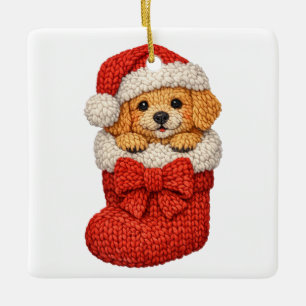 Christmas Puppy Winter Knit Ceramic Ornament