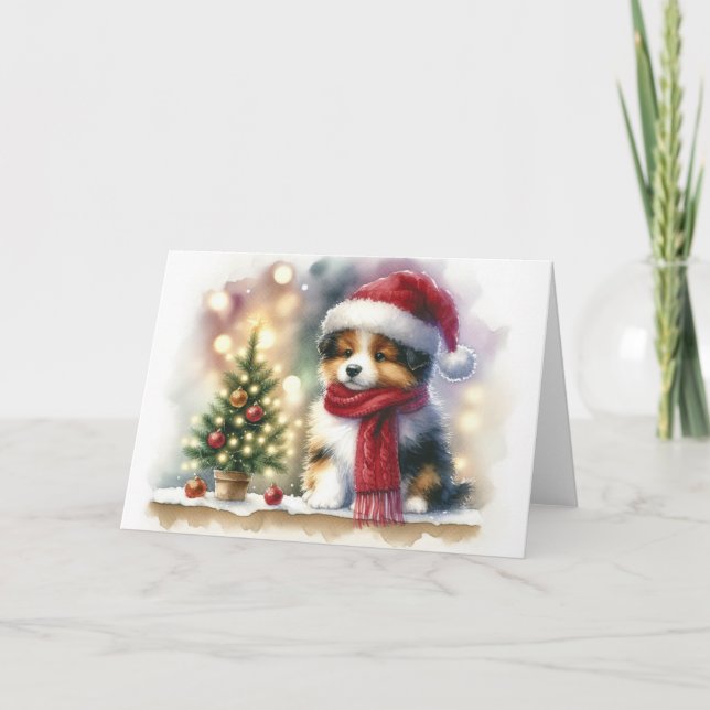 Christmas Puppy with Santa Hat and Red Scarf Blank Card (Front)