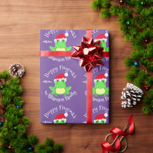 Christmas Purple Frog Santa Hat Novelty Name Wrapping Paper