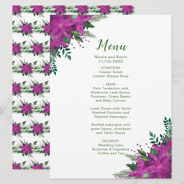 Christmas purple Poinsettia Flowers Wedding Menu (Front/Back)
