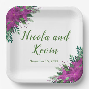 Christmas Purple Poinsettia Flowers Wedding Paper Plate