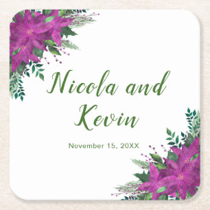 Christmas Purple Poinsettia Flowers Wedding Square Paper Coaster