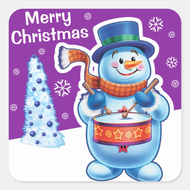 Christmas purple square sticker Snowman drummer. (Front)