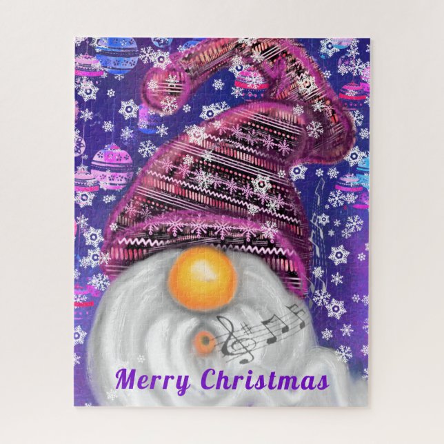 Christmas Puzzle Happy Singing Gnome In Purple Hat (Vertical)