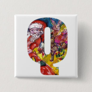 CHRISTMAS Q LETTER / SANTA WITH GIFTS MONOGRAM 2 INCH SQUARE BUTTON