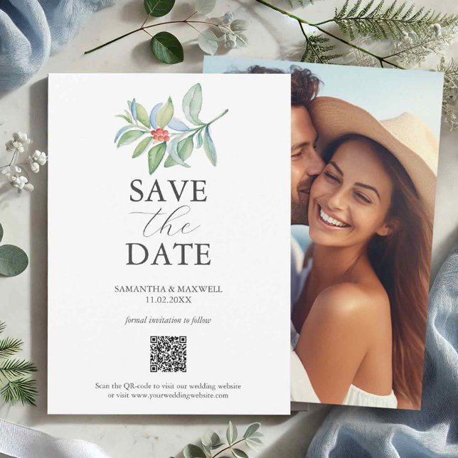 Christmas QR Code Save The Dates Date (Christmas wedding save the dates with photo and qr code holiday botanicals)