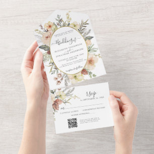 Christmas QR RSVP Winter Floral Gold Foil Wedding All In One Invitation