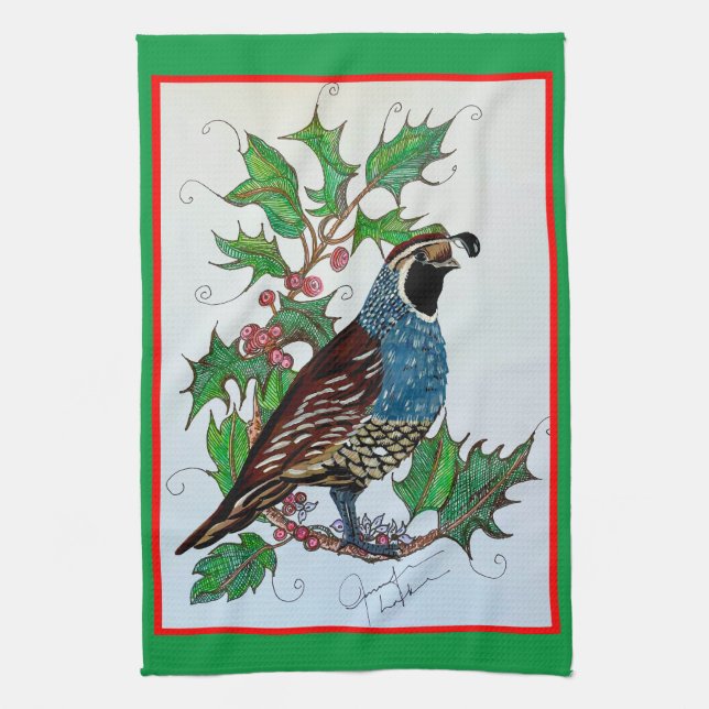 Christmas Quail Holly Kitchen Towel (Vertical)