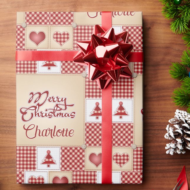 Christmas Quilt Add Recipients Name Classic Red Wrapping Paper (Creator Uploaded)