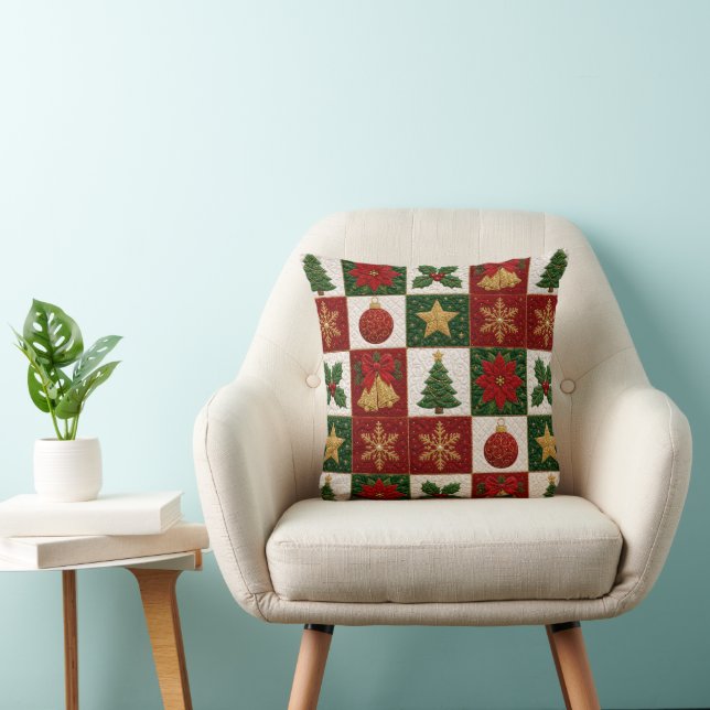 Christmas Quilt Squares Throw Pillow (Chair)
