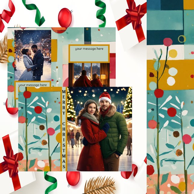 Christmas Quilt Three Photo  Holiday Card (An Abundance of Color - And Pops of Holiday Fun - Christmas Quilt Art Pattern)