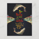 Christmas quote with fish in space postcard<br><div class="desc">Retro collage of four sympathetic fish floating in space in perfect symmetry to enhance this Christmas quote about mistletoe.</div>