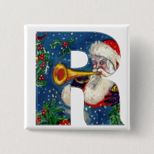 CHRISTMAS R LETTER / SANTA BUGLER MONOGRAM 2 INCH SQUARE BUTTON