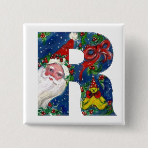 CHRISTMAS R LETTER / SANTA  RED RIBBON MONOGRAM 2 INCH SQUARE BUTTON