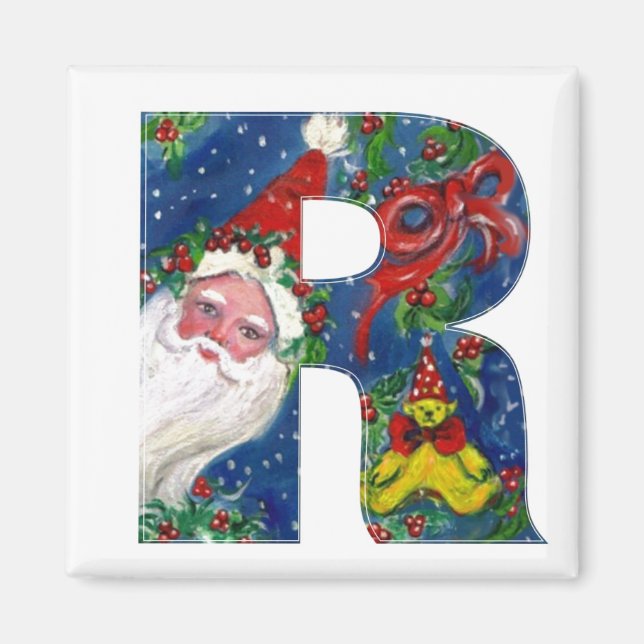 CHRISTMAS R LETTER / SANTA   RED RIBBON MONOGRAM MAGNET (Front)