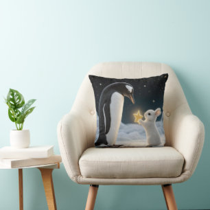 Christmas Rabbit and Penguin with Neon Star Throw Pillow