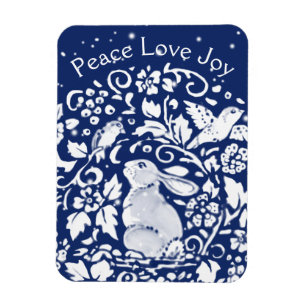 Christmas Rabbit Blue White Peace Love Joy Unique Magnet