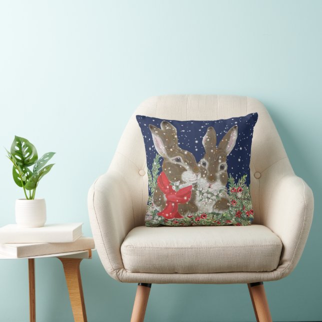 Christmas Rabbit Bunny Snow Holiday Cute Painting Throw Pillow (Chair)
