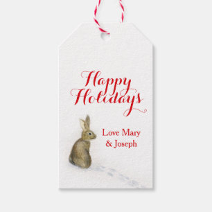 Christmas rabbit in the snow gift tag