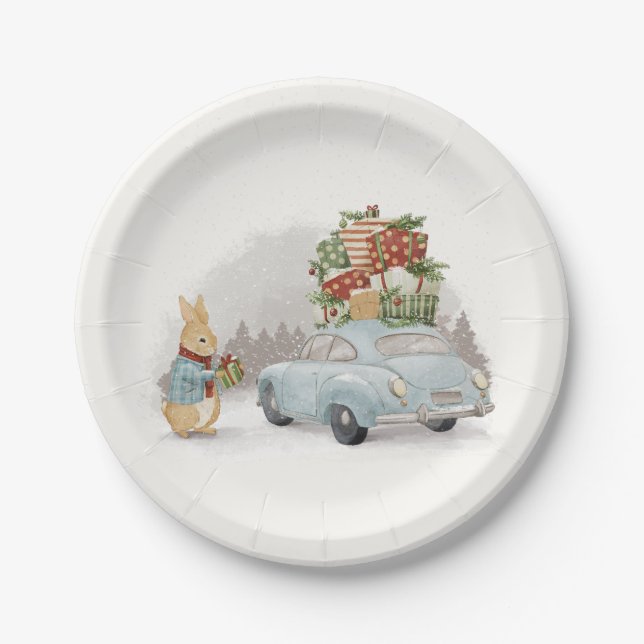 Christmas Rabbit Peter and Car  Paper Plate (Front)