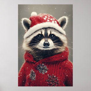 Christmas Raccoon Art Print, Retro Holiday Poster