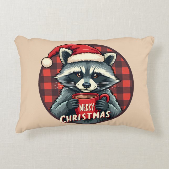 Christmas Raccoon Cocoa Cheer Accent Pillow (Front)