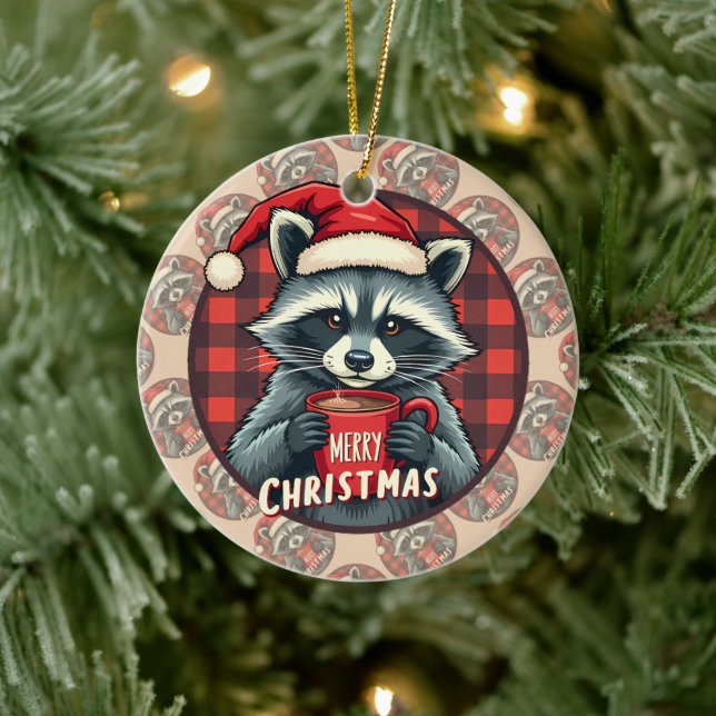 Christmas Raccoon Cocoa Cheer Ceramic Ornament (Tree)
