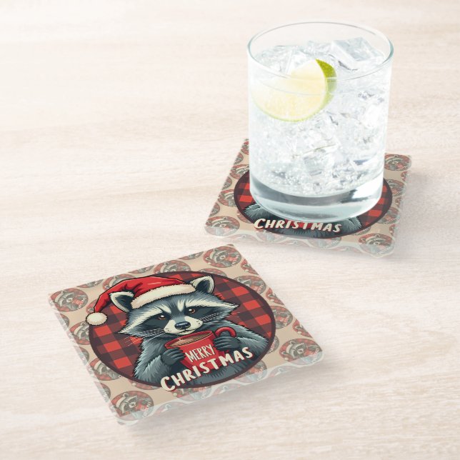 Christmas Raccoon Cocoa Cheer Glass Coaster (Angled)