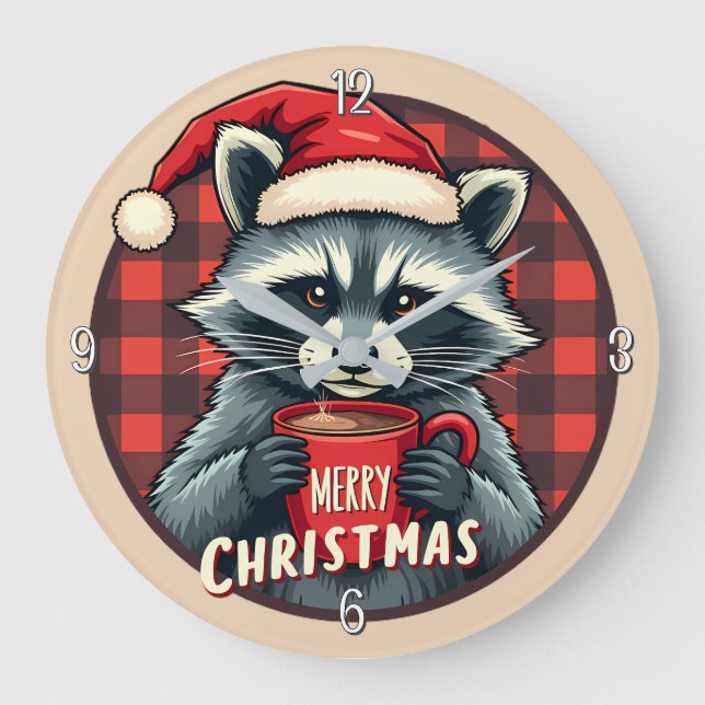 Christmas Raccoon Cocoa Cheer Large Clock (Front)