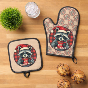 Christmas Raccoon Cocoa Cheer Oven Mitt & Pot Holder Set