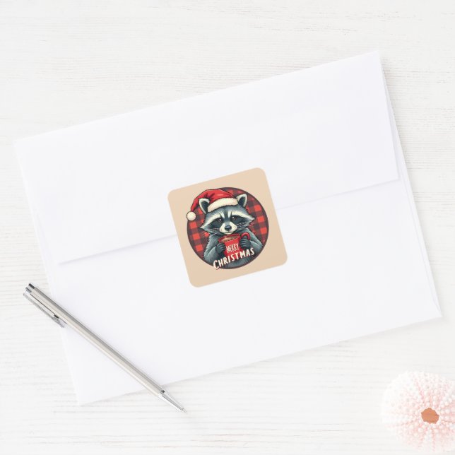 Christmas Raccoon Cocoa Cheer Square Sticker (Envelope)