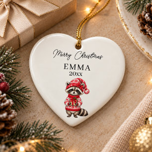 Christmas Raccoon Girl Watercolor Name Heart Ceramic Ornament