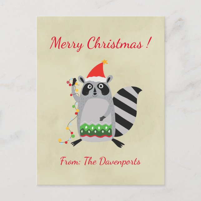 Christmas Raccoon Holding Holiday Lights (Front)