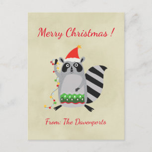 Christmas Raccoon Holding Holiday Lights Postcard