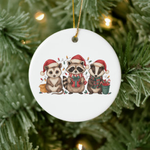 Christmas Raccoon Opossum Panda Santa Hat Xmas Ceramic Ornament