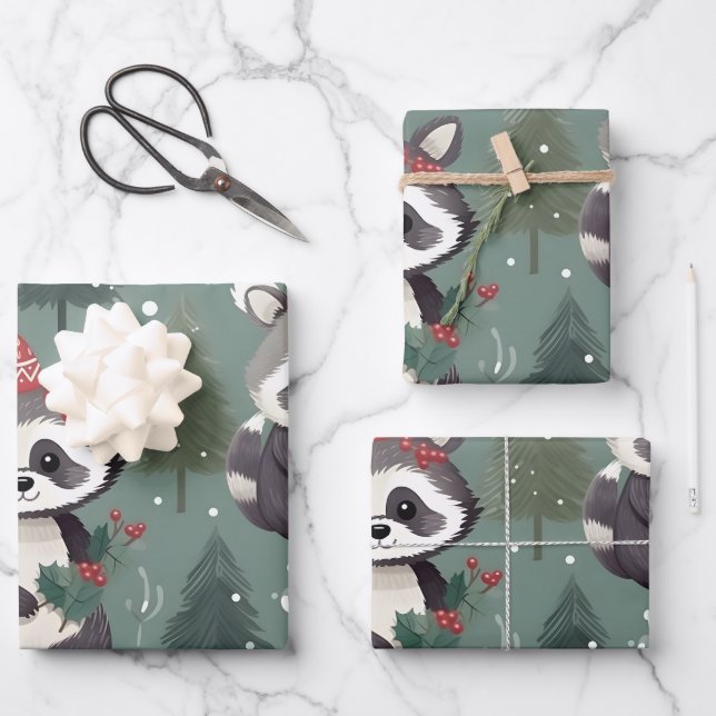 Christmas Raccoon pattern Wrapping Paper Sheet (Front)