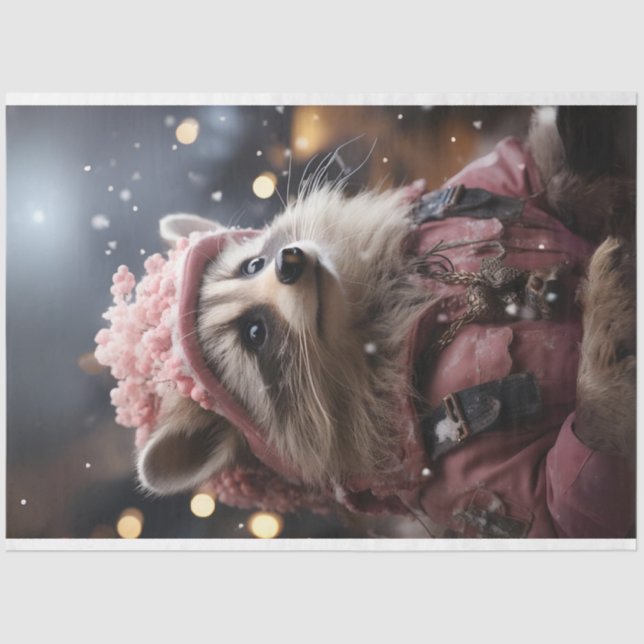 Christmas Raccoon Pink Jacket R.Facing Decoupage Tissue Paper (Front)
