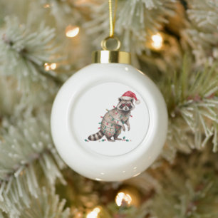 Christmas Raccoon Santa Hat Lights Heart Glasses Ceramic Ball Christmas Ornament