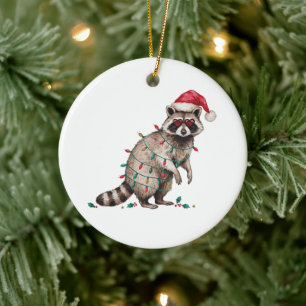 Christmas Raccoon Santa Hat Lights Heart Glasses Ceramic Ornament