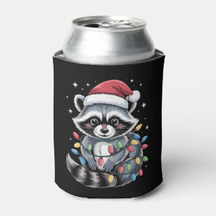Christmas Raccoon Santa Hat String Lights Winter Can Cooler