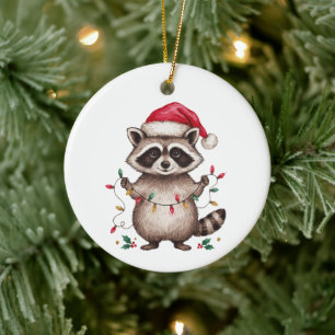 Christmas Raccoon Santa Hat Xmas Lights Holiday Ceramic Ornament