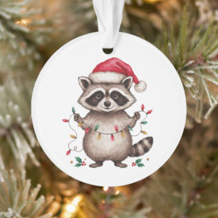 Christmas Raccoon Santa Hat Xmas Lights Holiday Ornament