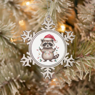 Christmas Raccoon Santa Hat Xmas Lights Holiday Snowflake Pewter Christmas Ornament