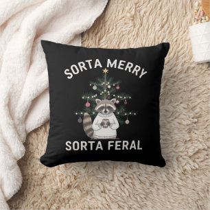 Christmas Raccoon Sorta Merry Sorta Feral Xmas Throw Pillow
