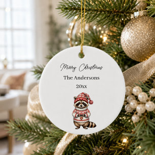 Christmas Raccoon Watercolor Family Ceramic Ornament