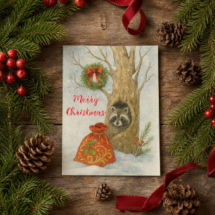Christmas Raccoon Watercolor Kids Holiday Card
