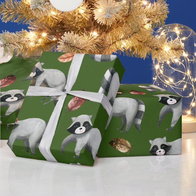Christmas Raccoons | Green Wrapping Paper (Holidays)