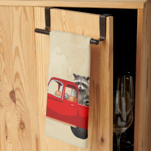Christmas Raccoons in a Red Truck Kitchen Towel