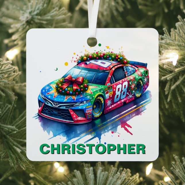 Christmas Race Car Racing Fan Custom Name Metal Ornament (Creator Uploaded)