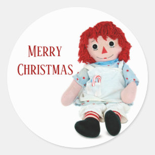 Christmas Rag Doll With Candy Cane Classic Round Sticker
